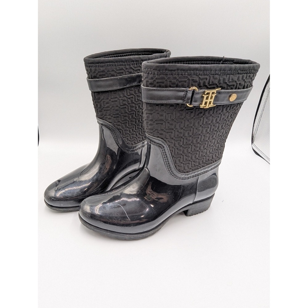 Tommy Hilfiger Rain Boots Black Floredo Monogram Buckle 6M